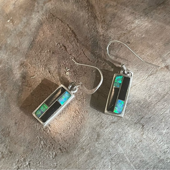 Dainty Dangle Earrings Fire Opal Onyx Sterling Silver Handmade - Picture 4 of 13